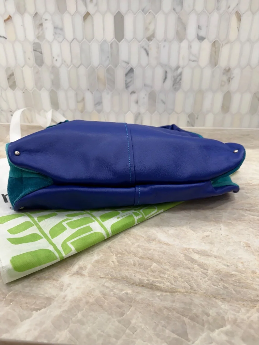 Mywalit Bag Royal Blue Leather with turquoise suede side panels, MINT